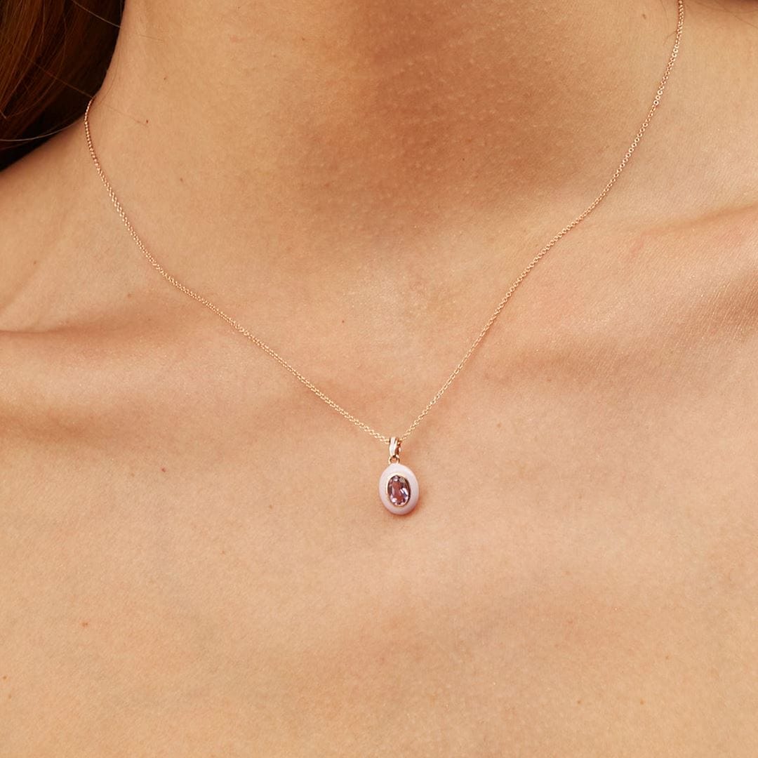 253P335601925 Siberian Waltz Violet Enamel & Pink Amethyst Pendant In 18ct Rose Gold Plated Sterling Silver On Model