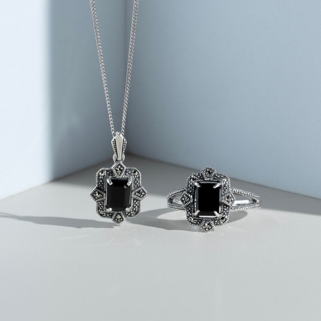 Art Deco Style Baguette Black Spinel & Marcasite Ring in Silver