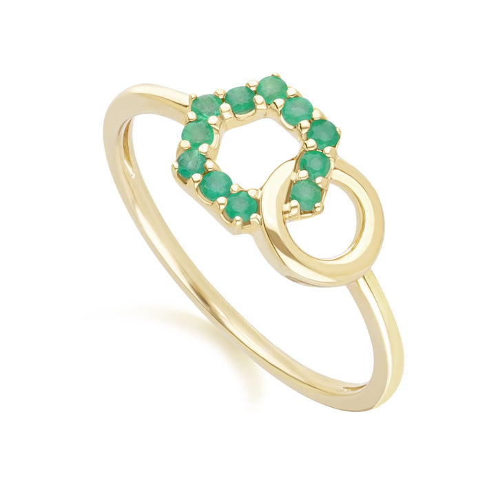 Geometric Hexagon and Round Linked with Prong Set Emerald Ring in 9ct Yellow Gold