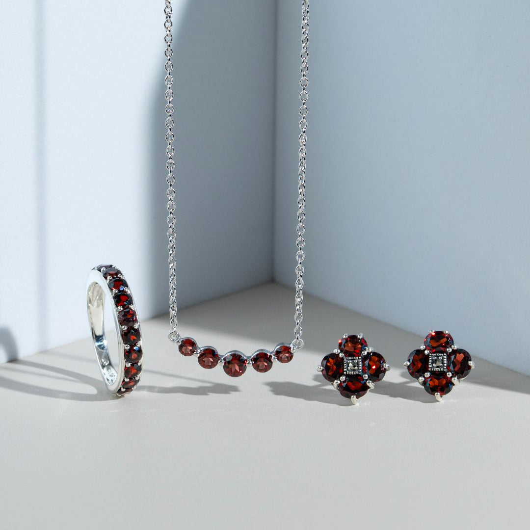 Classic Round Garnet Half Eternity Ring in 925 Sterling Silver