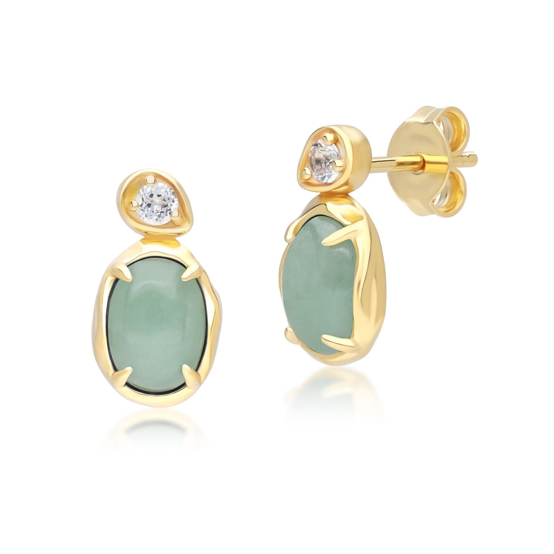 253E418802925 Irregular Oval Dyed Green Jade & Topaz Drop Earrings In 18ct Gold Plated SterlIng Silver Front