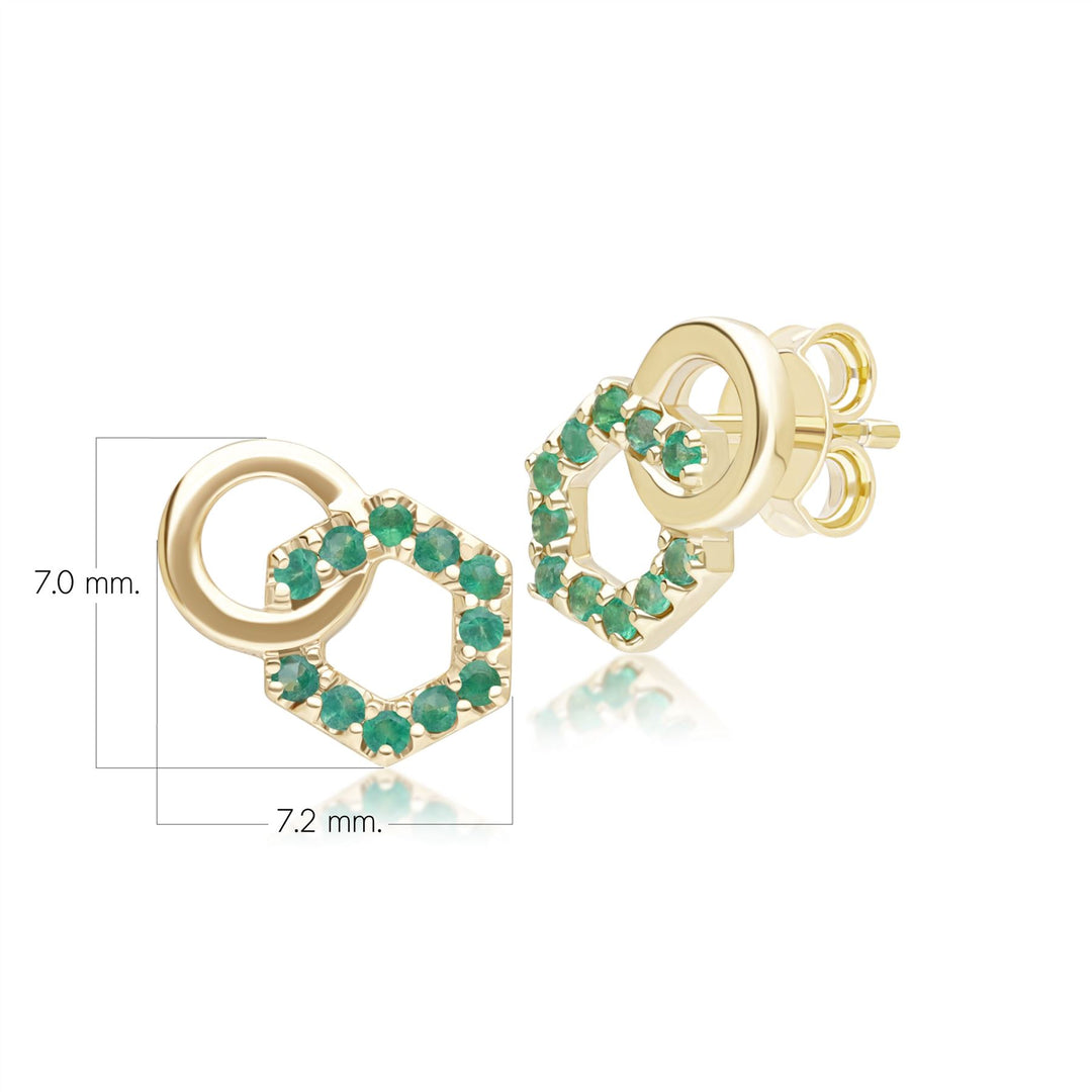 Geometric Hexagon and Round Linked with Prong set Emerald Stud Earrings in 9ct Yellow Gold
