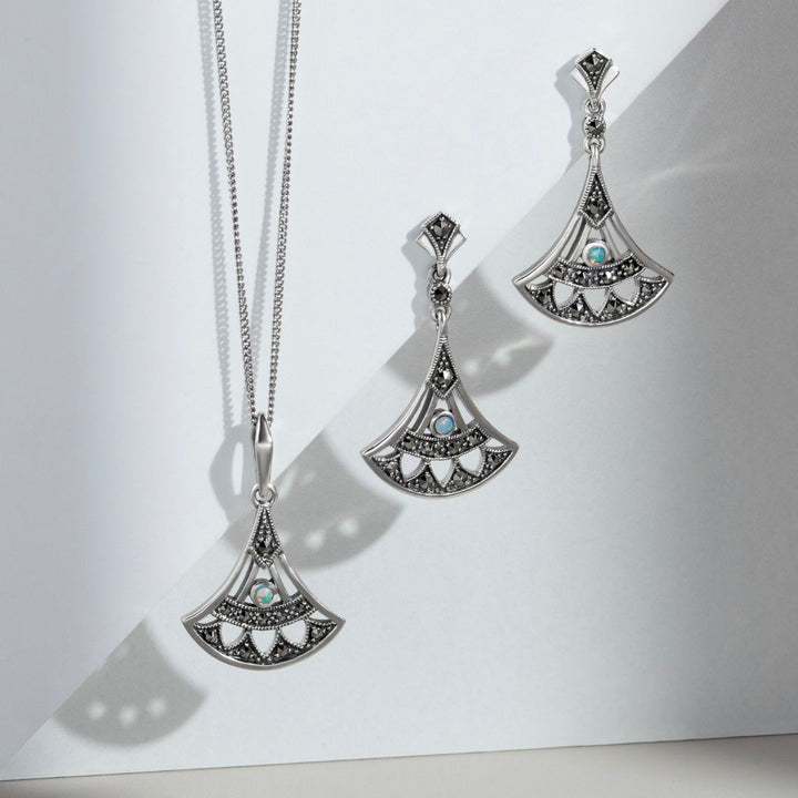 Art Deco Style Round Opal & Marcasite Open Work Fan Drop Earrings in 925 Sterling Silver