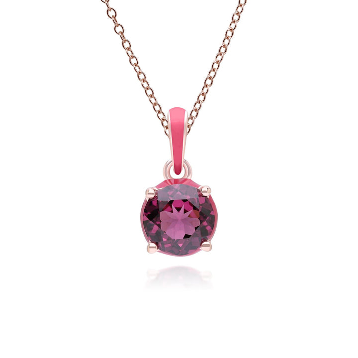Siberian Waltz Pink Enamel & Round Rhodolite Pendant Necklace In Rose Gold Vermeil