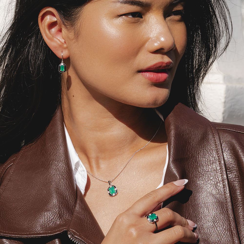 Grand Deco Black Enamel, Green Chalcedony & Topaz Ring in Sterling Silver