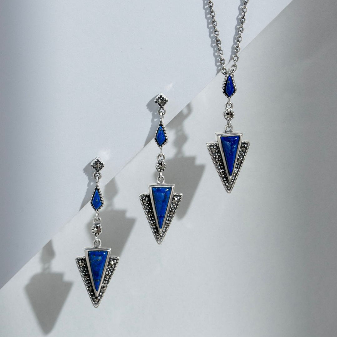 Art Deco Style Lapis Lazuli & Marcasite Pendant in 925 Sterling Silver