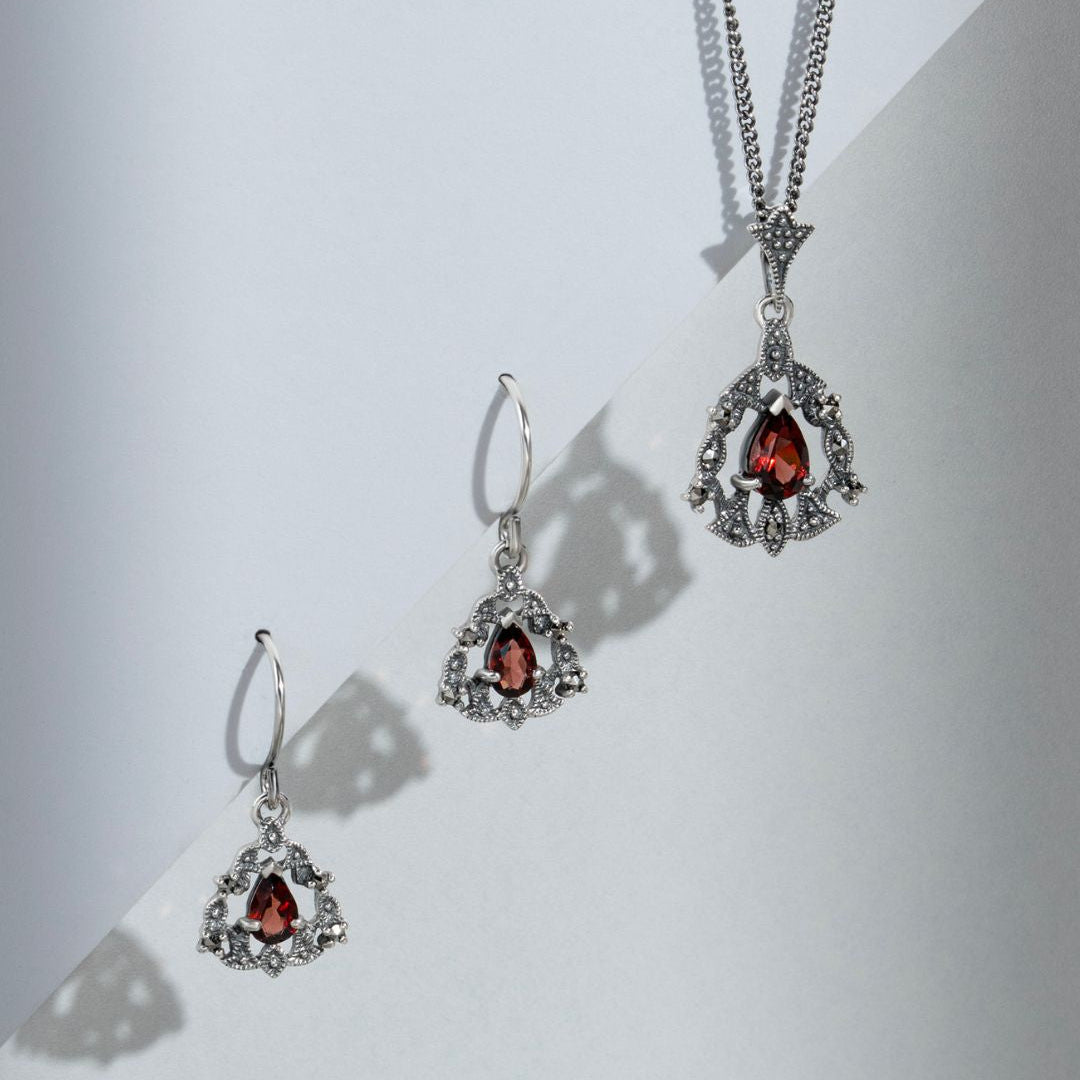 Art Nouveau Style Pear Garnet & Marcasite Garland Drop Earrings in Silver