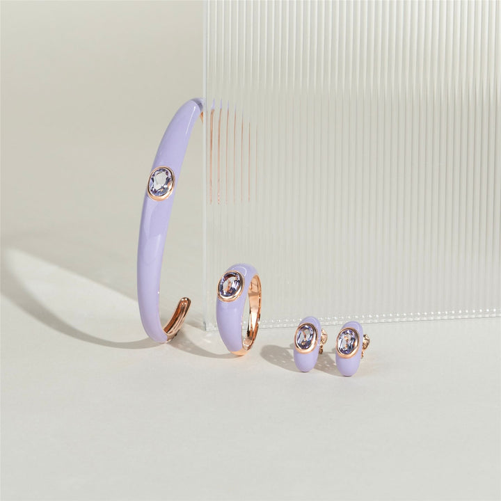 Siberian Waltz Violet Enamel & Octagon Amethyst Half Hoop Earrings In Rose Gold Vermeil
