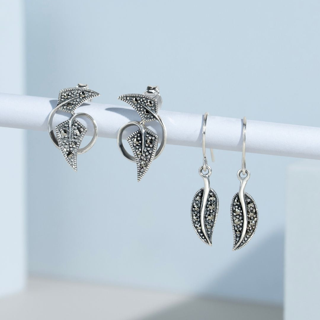 Art Nouveau Style Round Marcasite Leaf Drop Earrings in 925 Sterling Silver