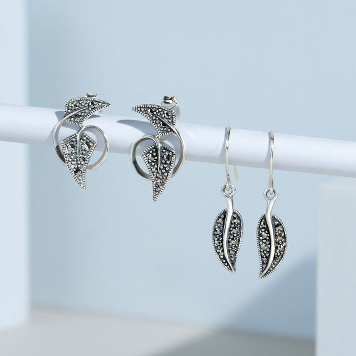 Art Nouveau Style Round Marcasite Leaf Drop Earrings in 925 Sterling Silver