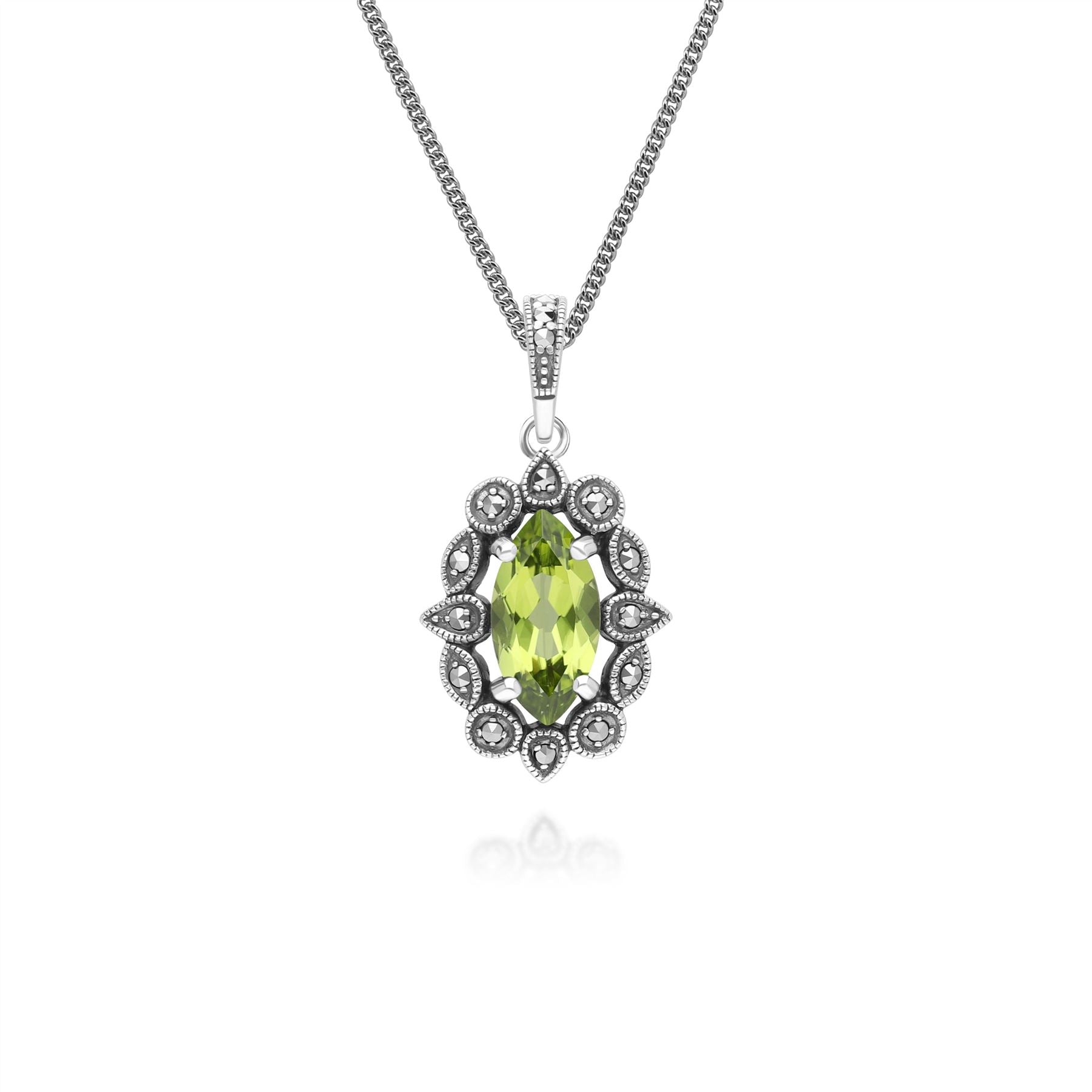 Art Deco Style Marquise Peridot & Marcasite Pendant Necklace in Sterling Silver