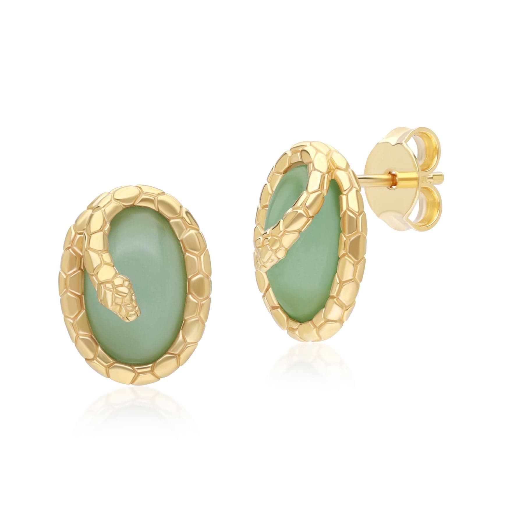 253E417801925 ECFEW™ Jade Winding Snake Stud Earrings In Gold Plated Sterling Silver Front