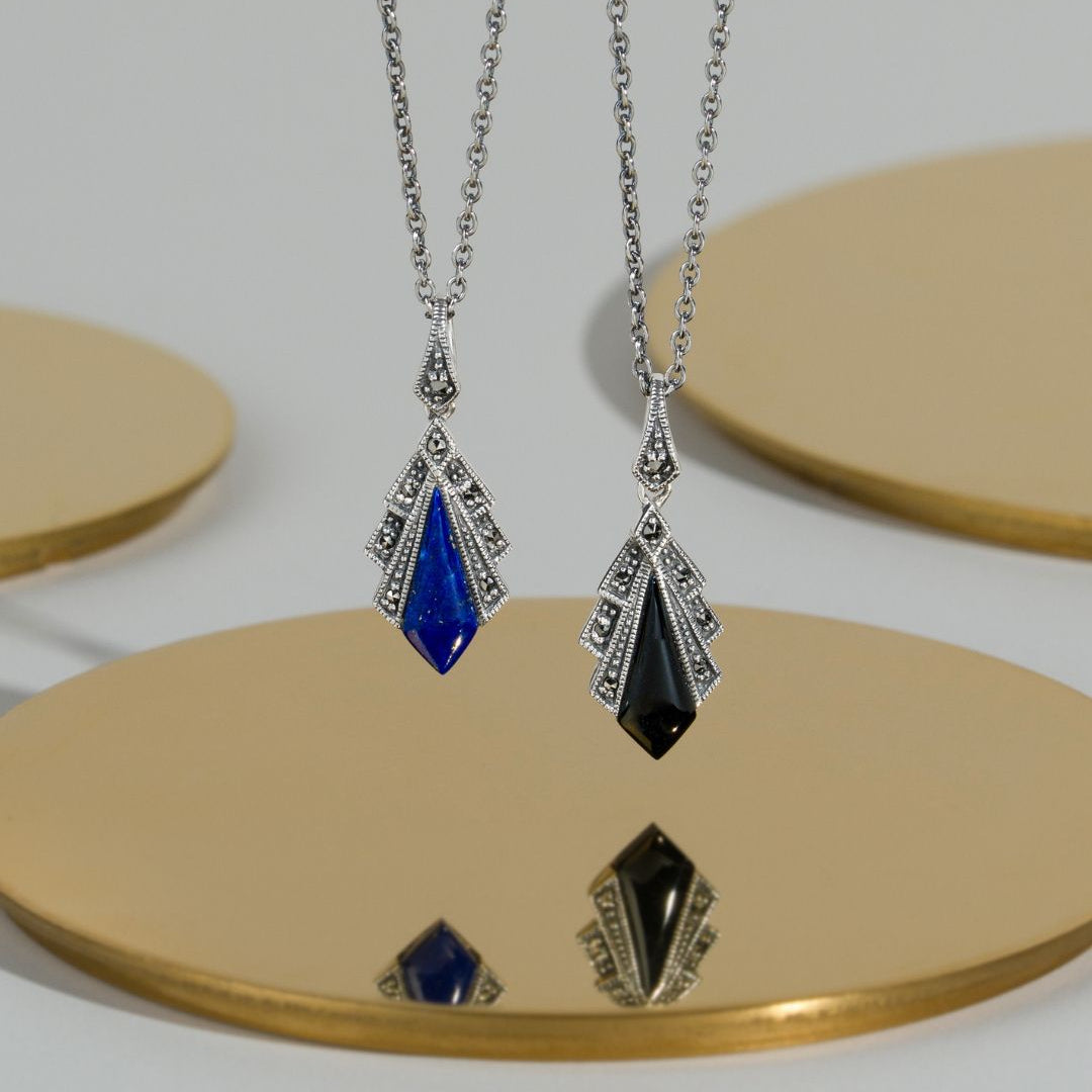 Art Deco Style Black Onyx & Marcasite Pendant in 925 Sterling Silver