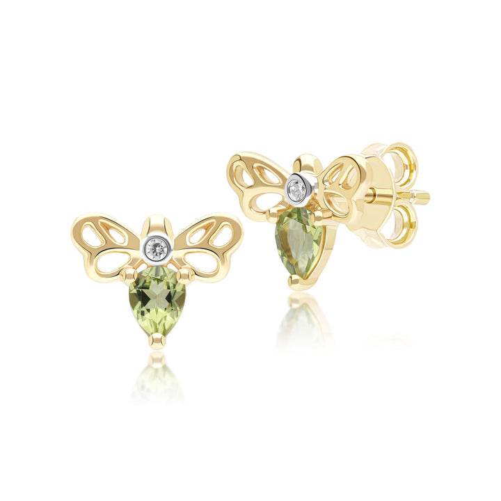 Honeycomb Art Nouveau Pear Shape Peridot and Diamond Bee Stud Earrings in 9ct Yellow Gold