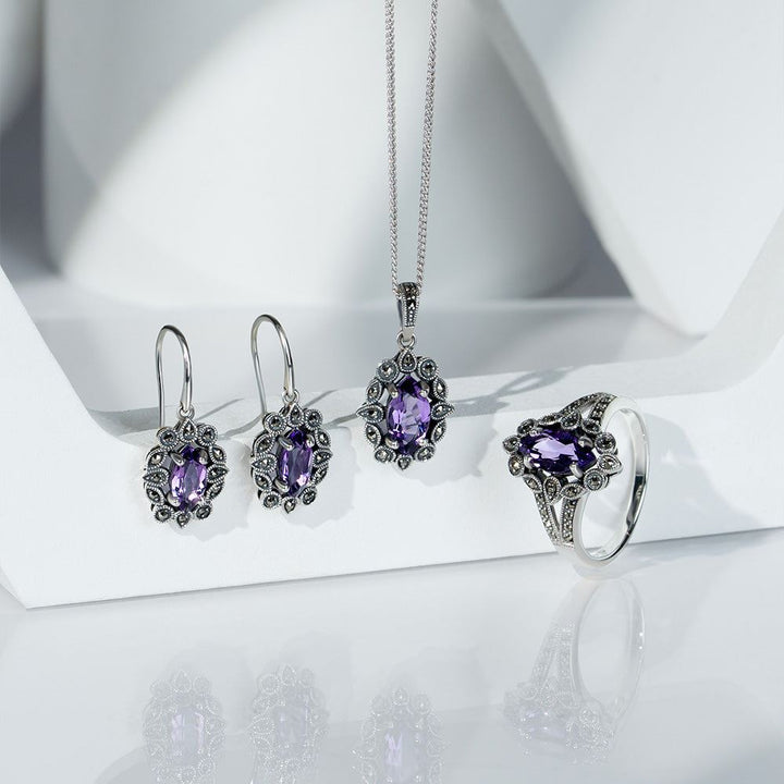 Art Deco Style Marquise Amethyst & Marcasite Drop Earrings in Sterling Silver
