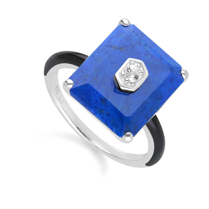 Grand Deco Black Enamel, Lapis Lazuli & Colourless Topaz Ring in Sterling Silver