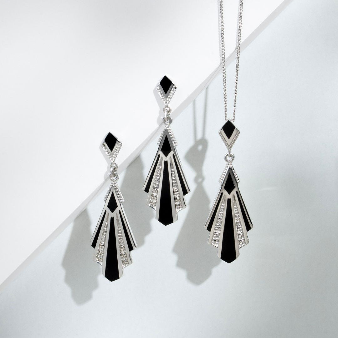 Art Deco Style Triangle Black Onyx & Marcasite Fan Pendant in 925 Sterling Silver