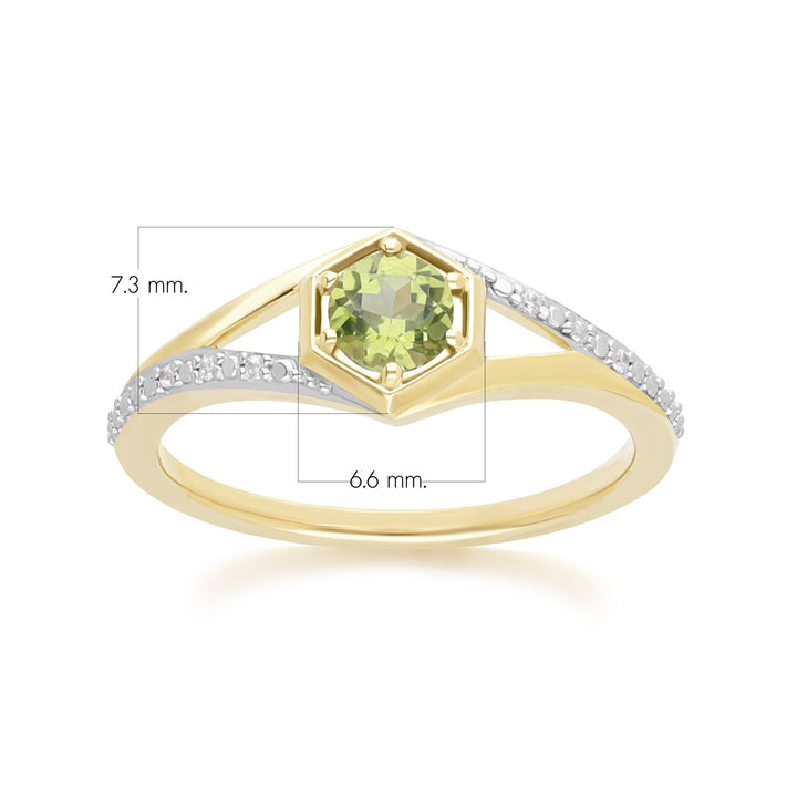 Geometric Hexagon with Prong set Round Peridot and Diamond Ring in 9ct Yellow Gold