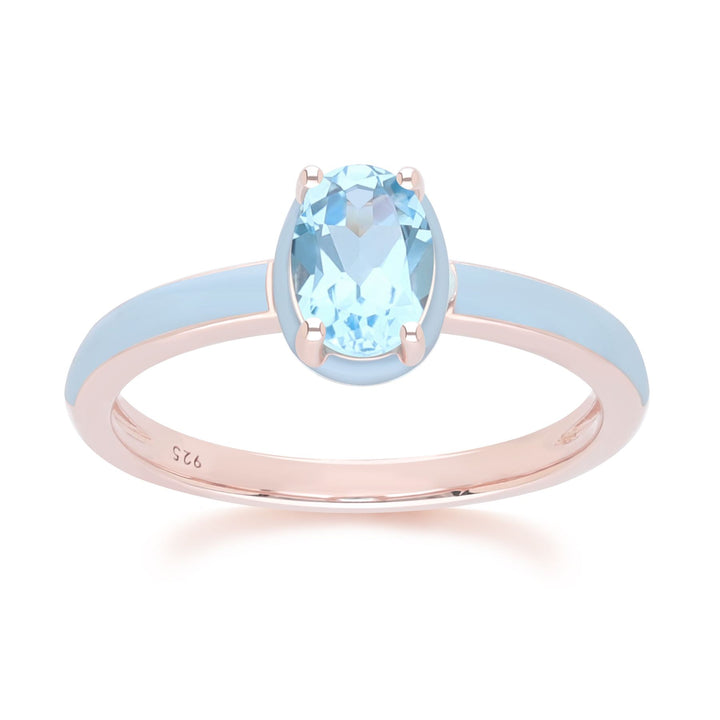 Siberian Waltz Blue Enamel & Oval Sky Blue Topaz Ring In Rose Gold Vermeil
