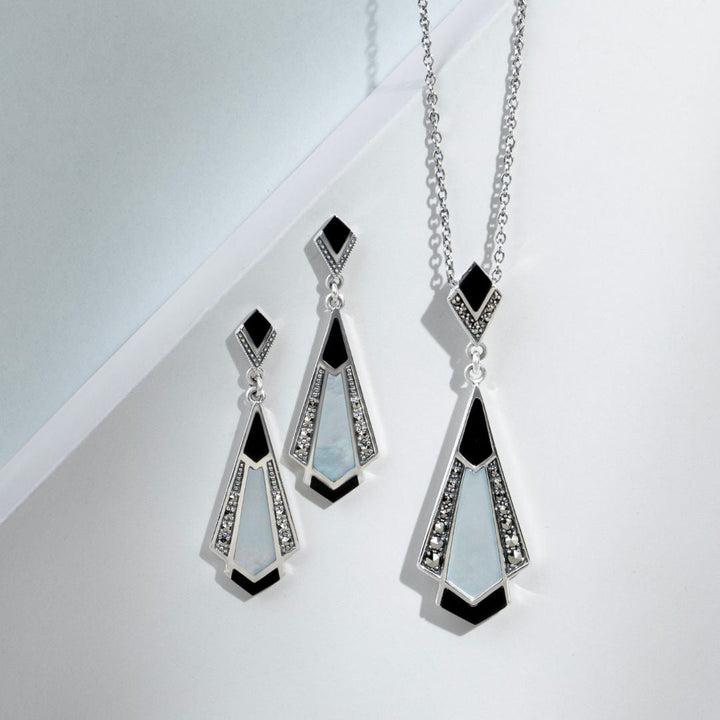 Art Deco Style Cabochon Black Onyx, Mother of Pearl & Marcasite Pendant in 925 Sterling Silver