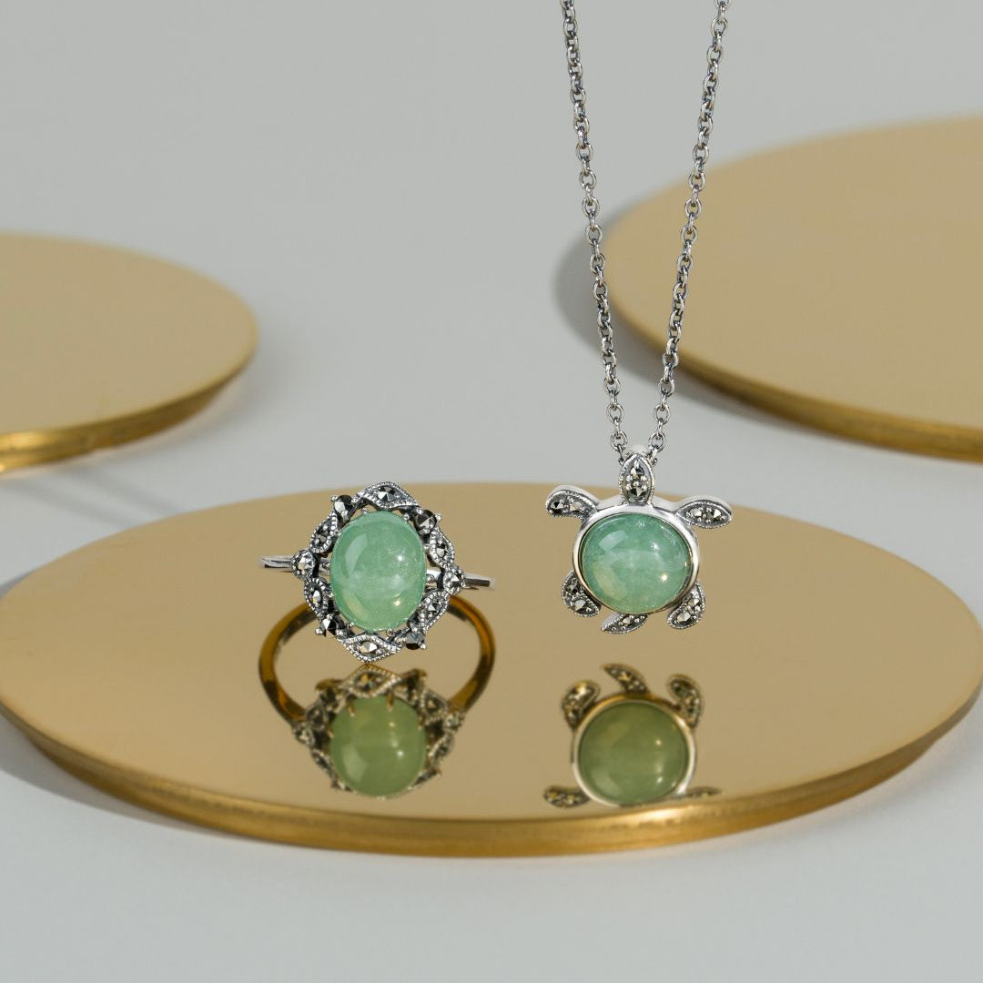 Classic Round Green Jade Marcasite Turtle Necklace 925
