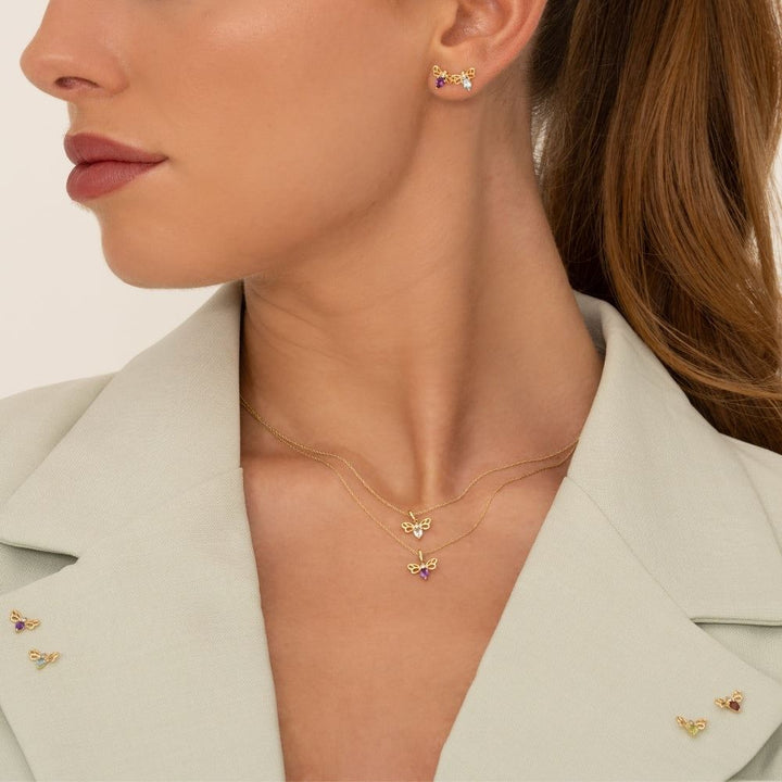 Honeycomb Art Nouveau Pear Shape Garnet and Diamond Bee Pendant Necklace in 9ct Yellow Gold