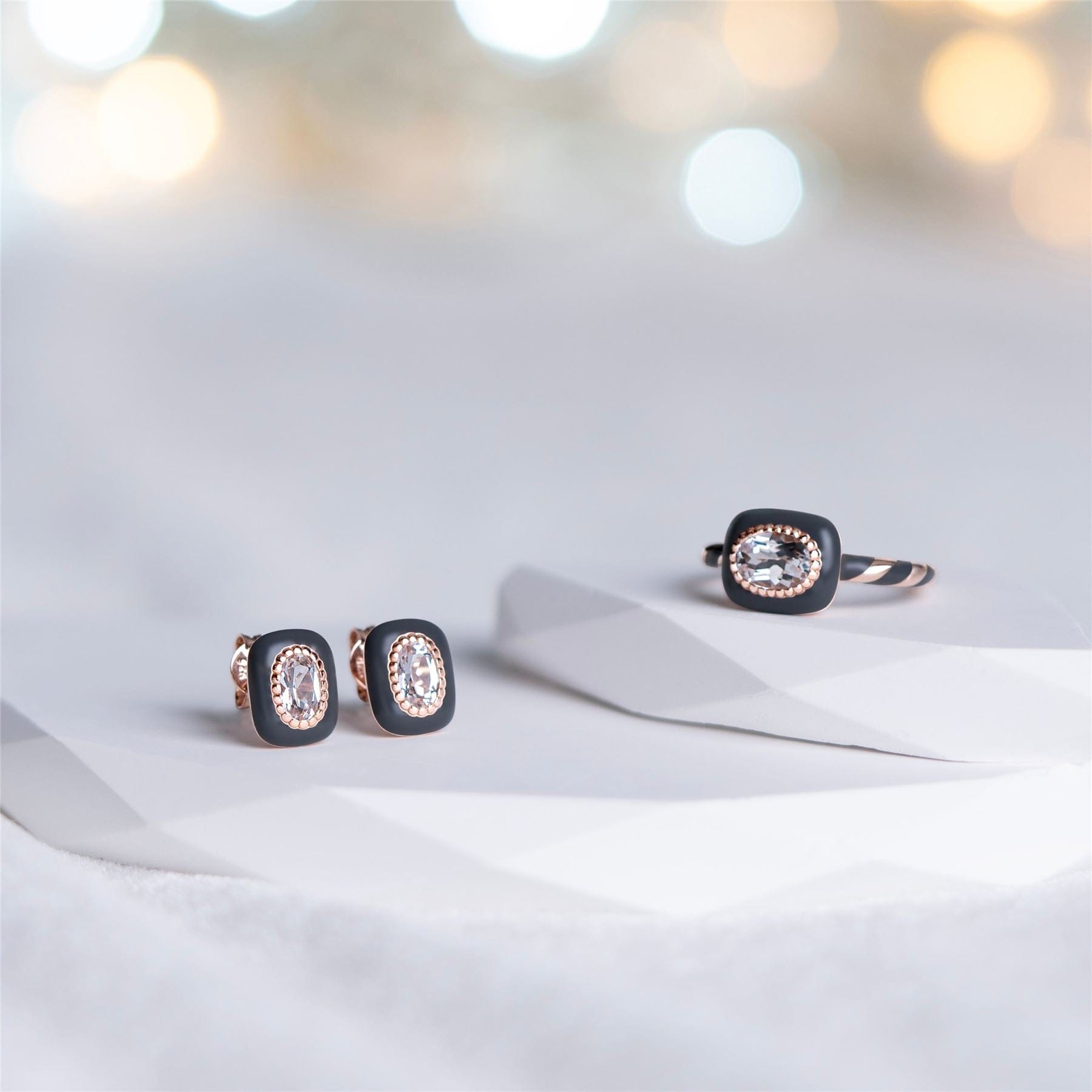 270E035590925 Siberian Waltz Black Enamel & Oval Topaz Stud Earrings in Rose Gold Plated Sterling Silver Flatlay