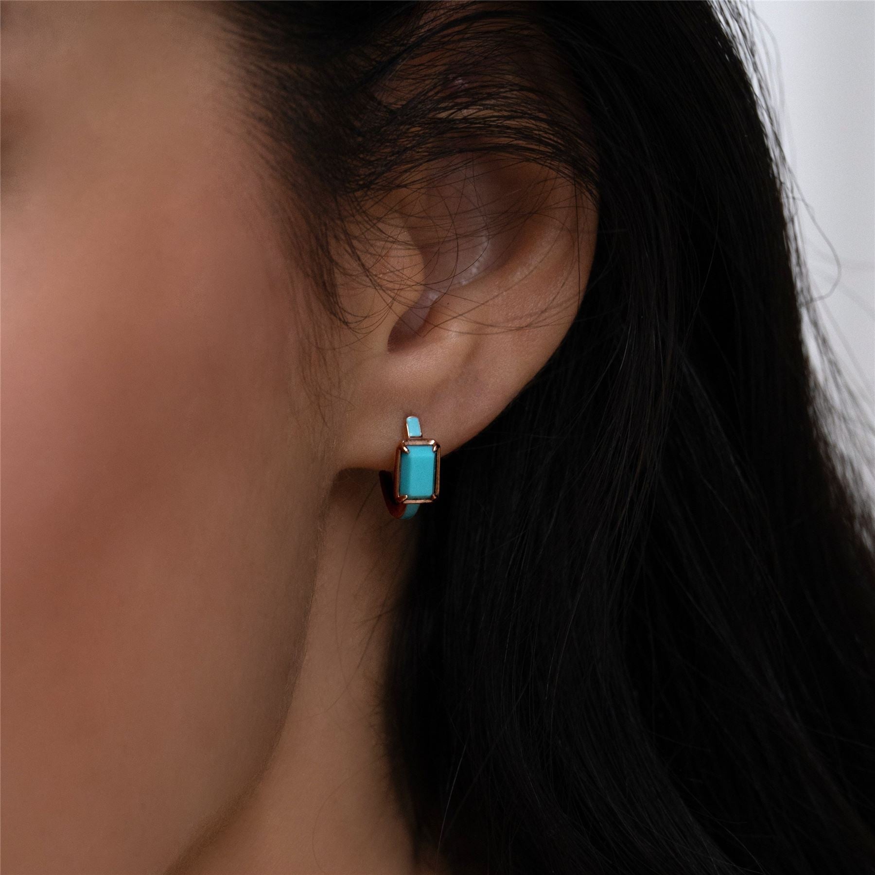 Siberian Waltz Blue Enamel & Octagon Turquoise Hoop Earrings In Rose Gold Vermeil