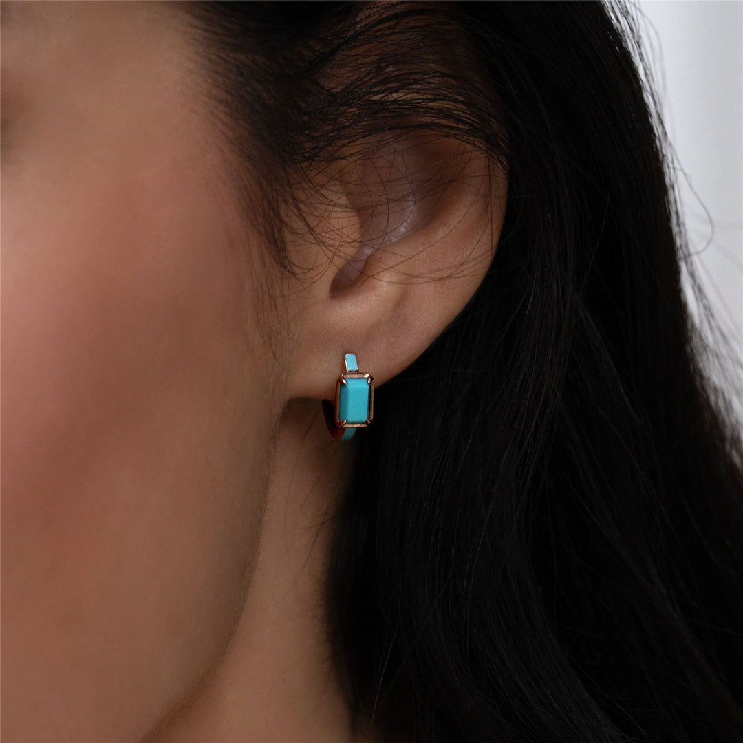 Siberian Waltz Blue Enamel & Octagon Turquoise Hoop Earrings In Rose Gold Vermeil