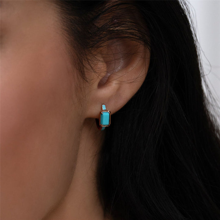 Siberian Waltz Blue Enamel & Octagon Turquoise Hoop Earrings In Rose Gold Vermeil