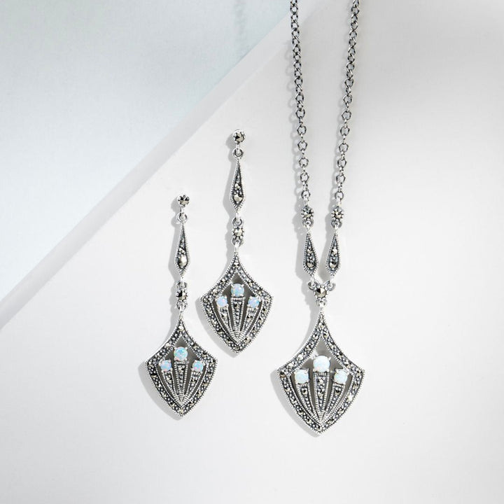 Art Deco Style Round Opal Cabochon & Marcasite Necklace in Silver