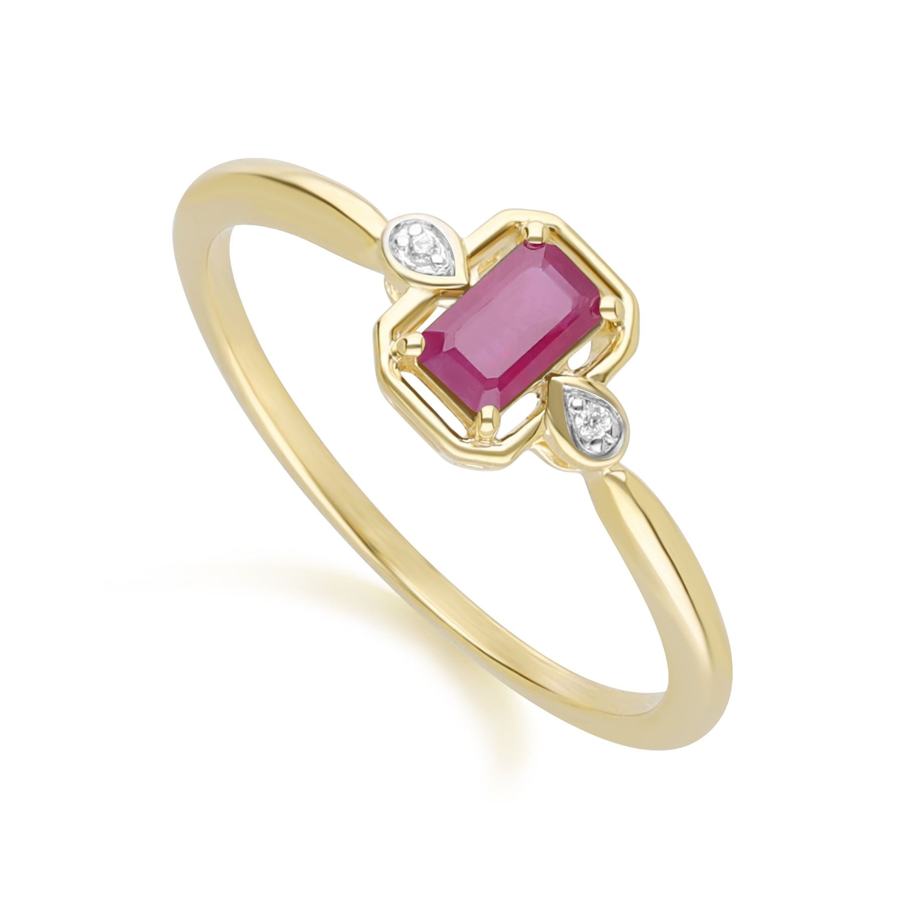 Classic Ruby Baguette & Diamond Ring In 9ct Yellow Gold