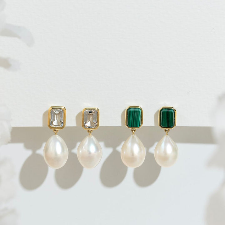 ECFEW™ Unifier Malachite & Pearl Drop Earrings in Gold Plated Sterling Silver