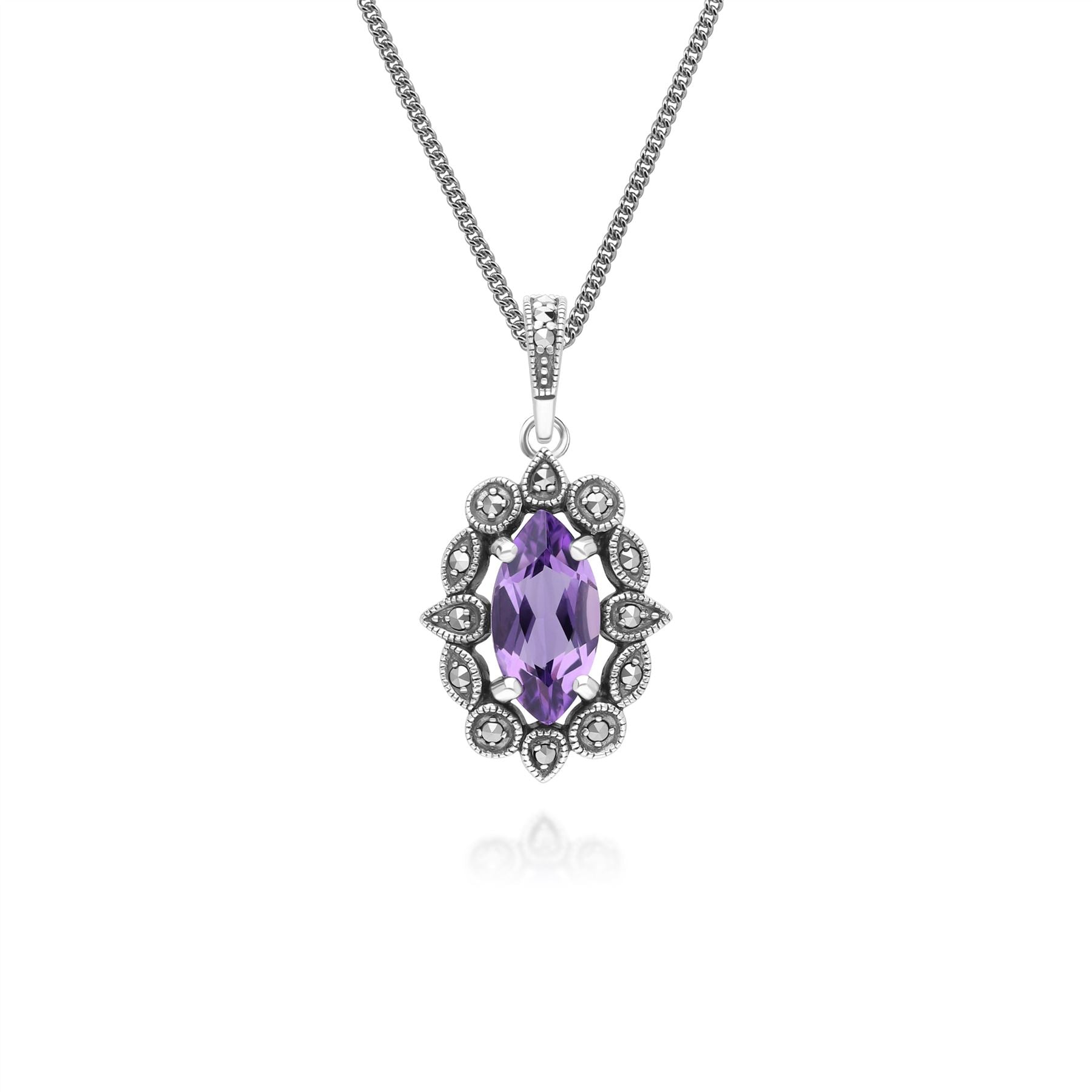 Art Deco Style Marquise Amethyst & Marcasite Pendant Necklace in Sterling Silver
