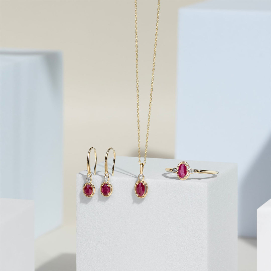 Classic Oval Ruby & Round Diamond Drop Earrings In 9ct Yellow Gold