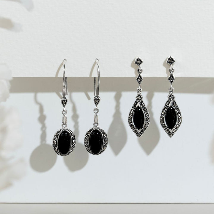 Art Deco Style Oval Black Onyx & Marcasite Drop Earrings in 925 Sterling Silver