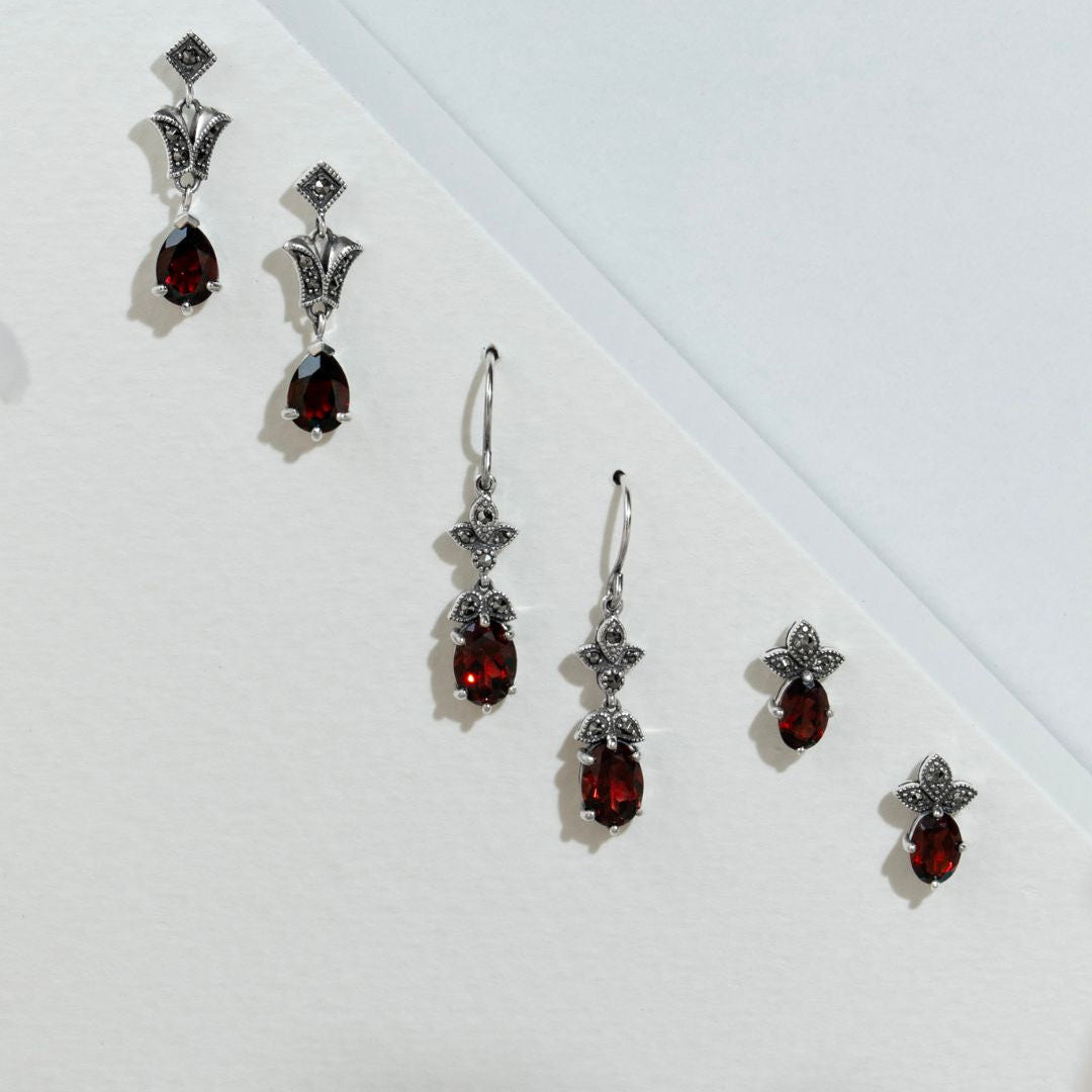 Art Deco Style Oval Garnet & Marcasite Stud Earrings in 925 Sterling Silver