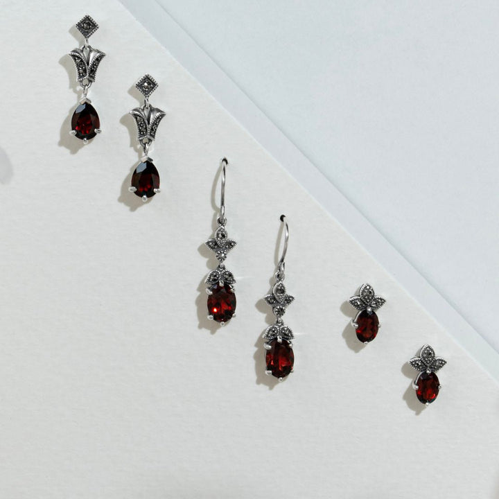 Art Deco Style Oval Garnet & Marcasite Stud Earrings in 925 Sterling Silver