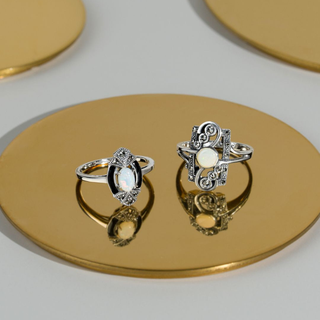 Art Deco Style Oval Opal, Marcasite & Black Enamel Marquise Ring In Sterling Silver