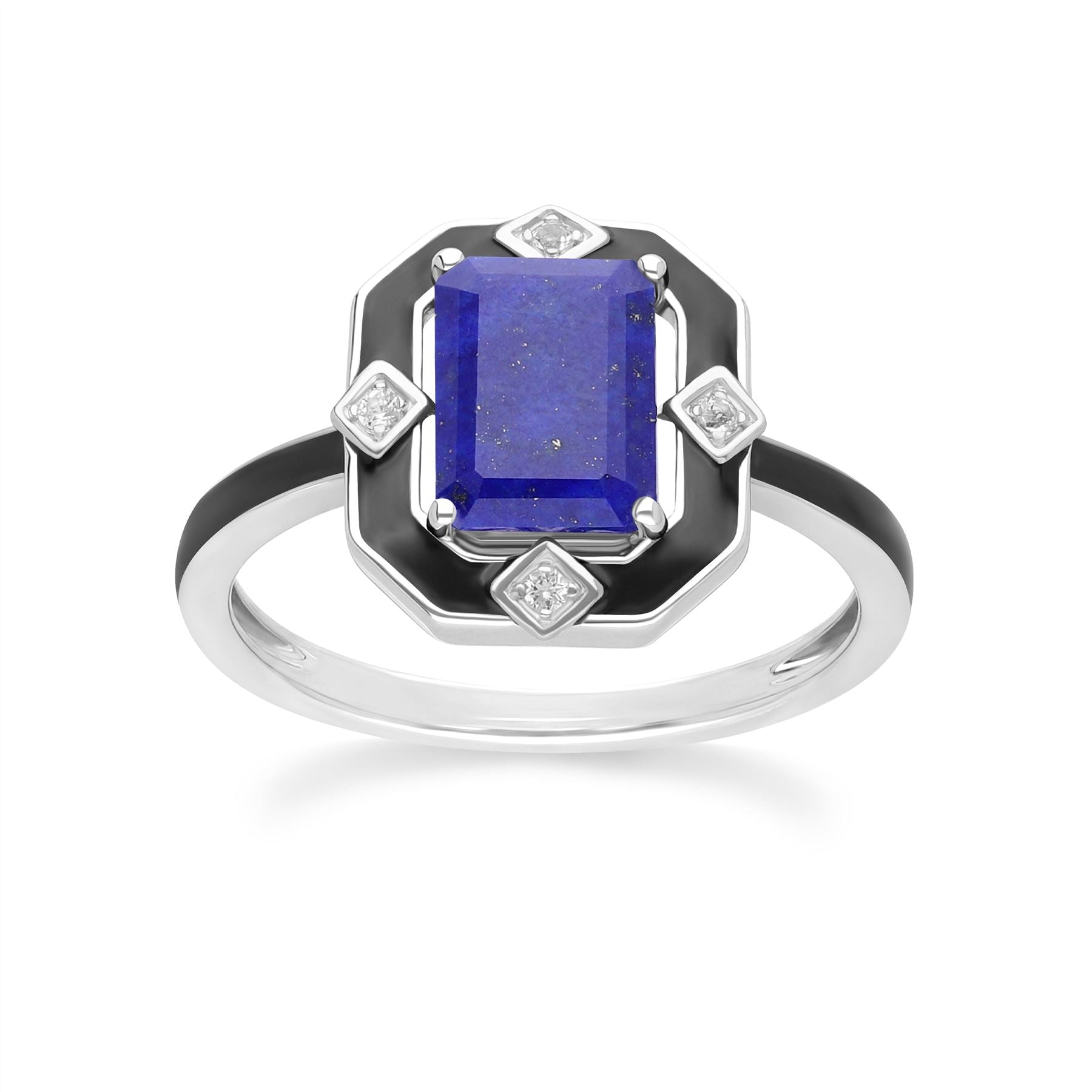 Grand Deco Black Enamel, Lapis Lazuli & Topaz Ring in Sterling Silver