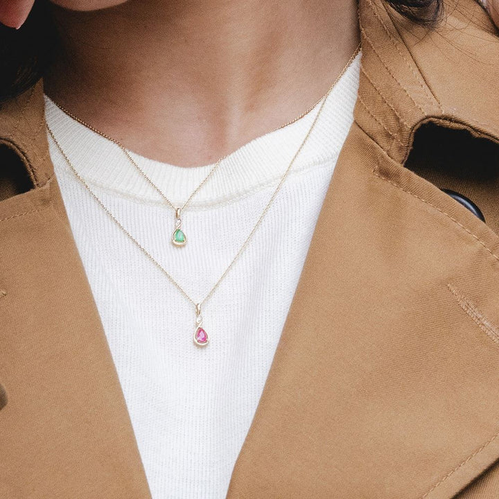 Classic Pear Emerald & Diamond Pendant Necklace In 9ct Yellow Gold