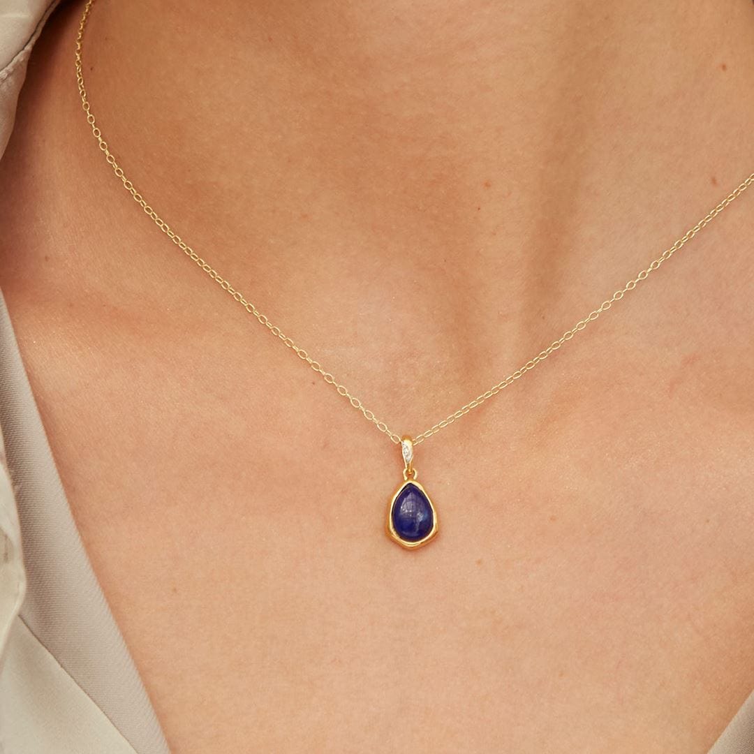 253P335302925 Irregular Lapis Lazuli & Topaz Pendant In 18ct Gold Plated SterlIng Silver On Model