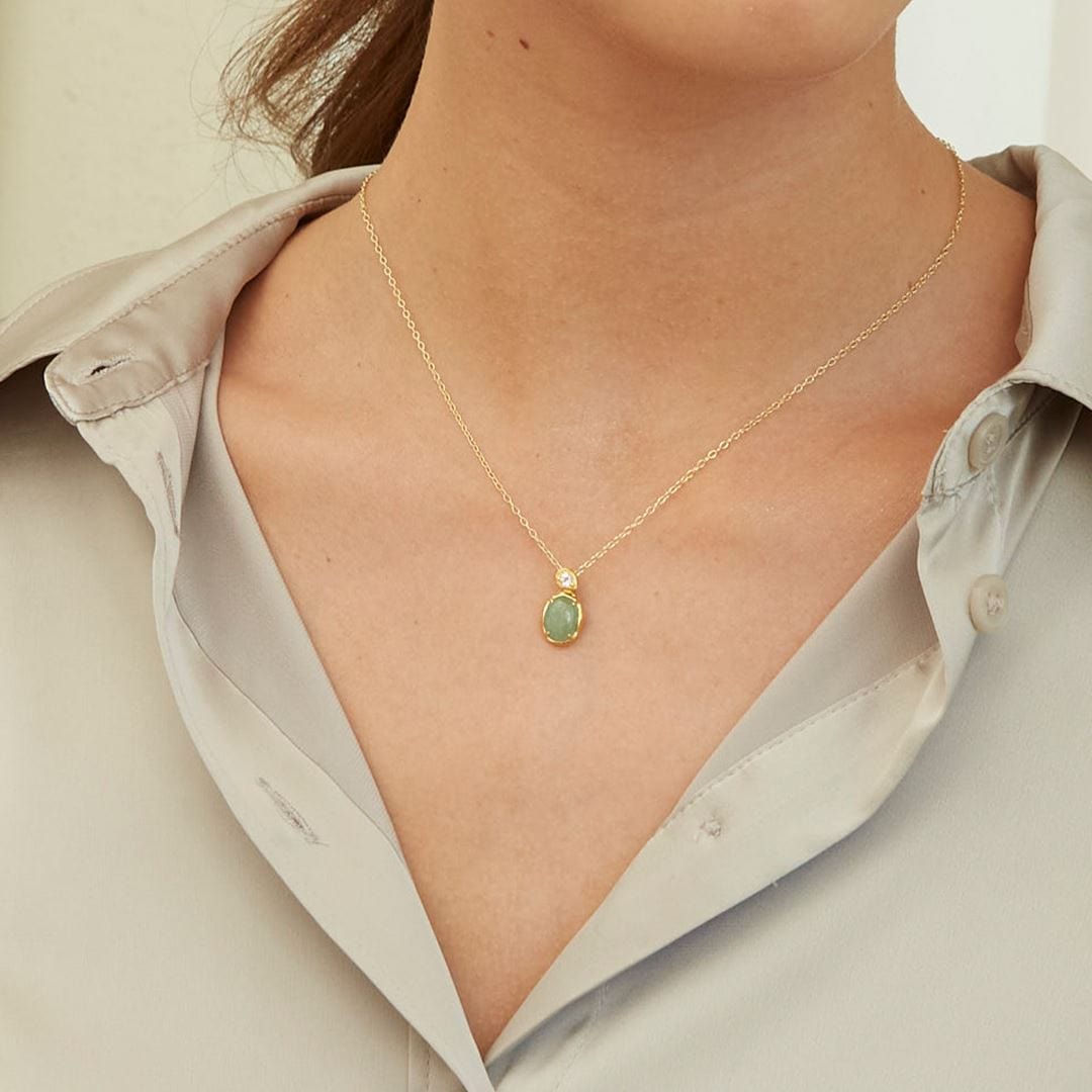 253P335402925 Irregular Oval Dyed Green Jade & Topaz Pendant In 18ct Gold Plated SterlIng Silver On Model