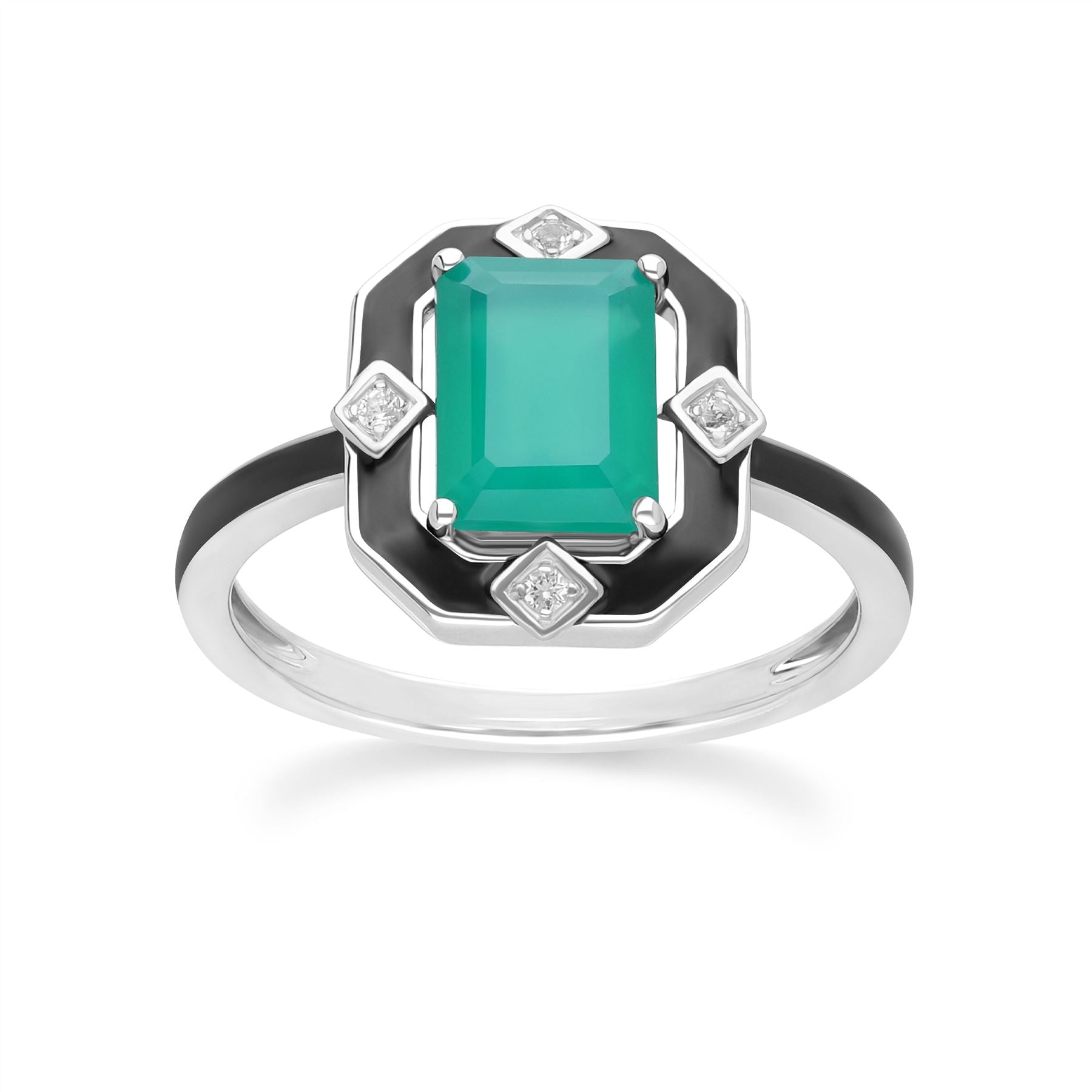 Grand Deco Black Enamel, Green Chalcedony & Topaz Ring in Sterling Silver