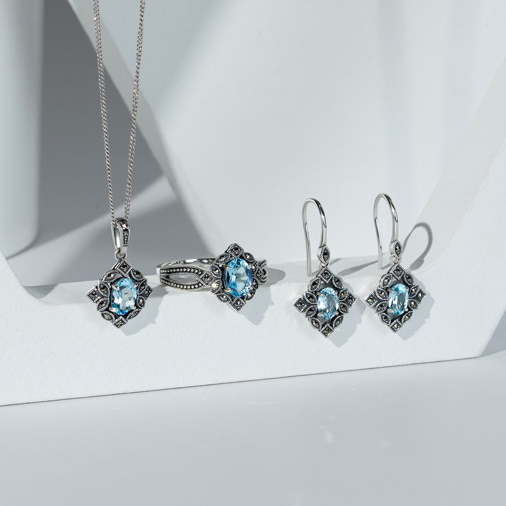 Art Deco Style Oval Blue Topaz & Marcasite Ring in Sterling Silver