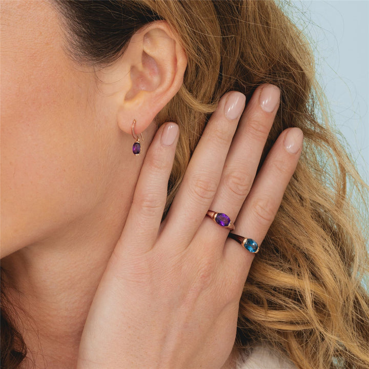 Siberian waltz Oval amethyst with violet enamelled half-bezel set french hook earrings in rose gold vermeil sterling silver