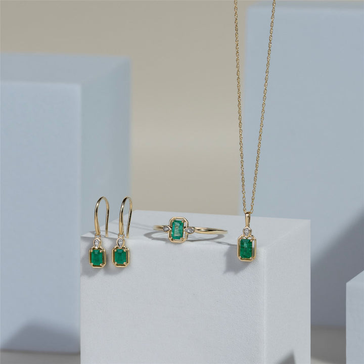 Classic Emerald Baguette & Diamond Drop Earrings In 9ct Yellow Gold