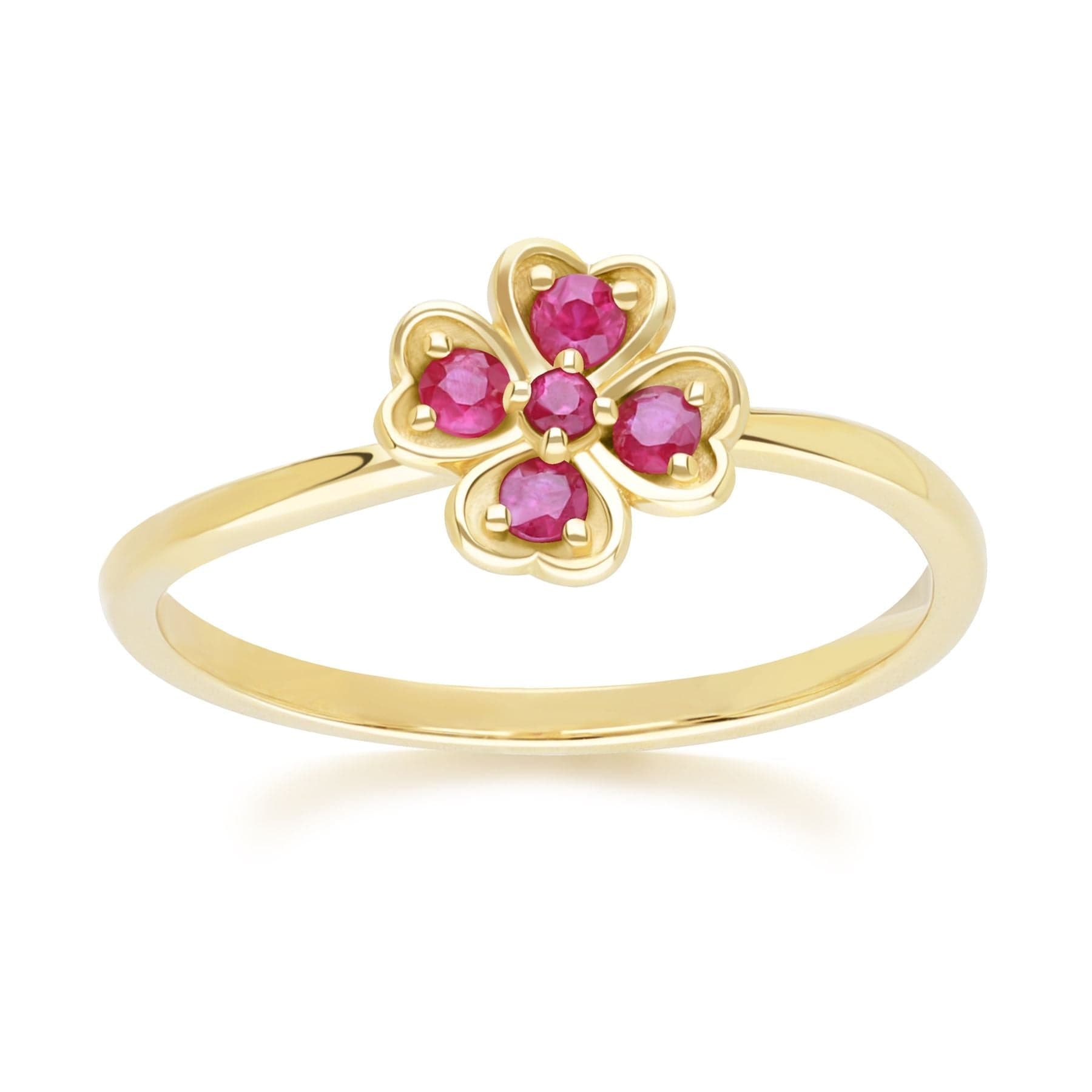 135R2102019 Gardenia Round Ruby Clover Ring in 9ct Yellow Gold Front
