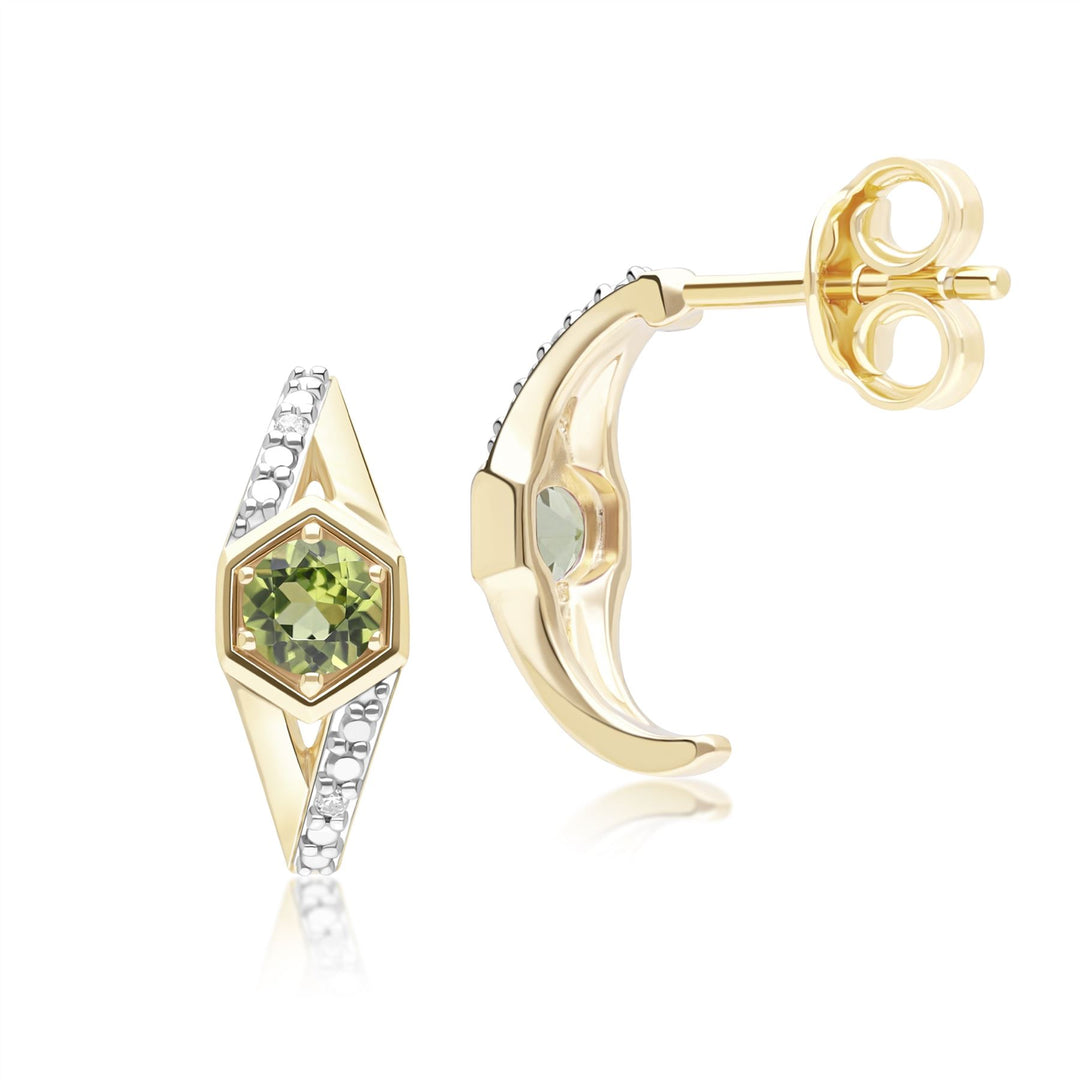 Geometric Hexagon with Prong set Round Peridot and Diamond Half Hoop Earrings in 9ct Yellow Gold