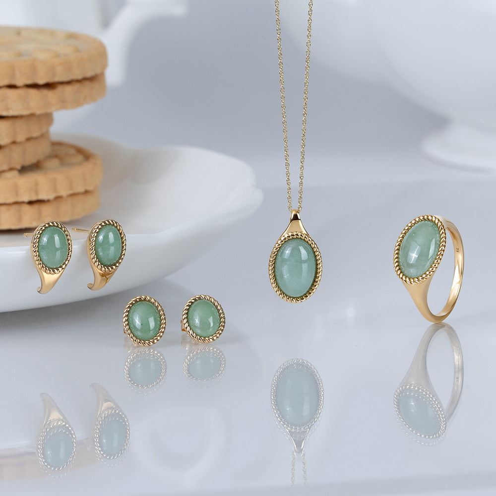 Classic Oval Green Jadeite Stud Earrings in 9ct Yellow Gold
